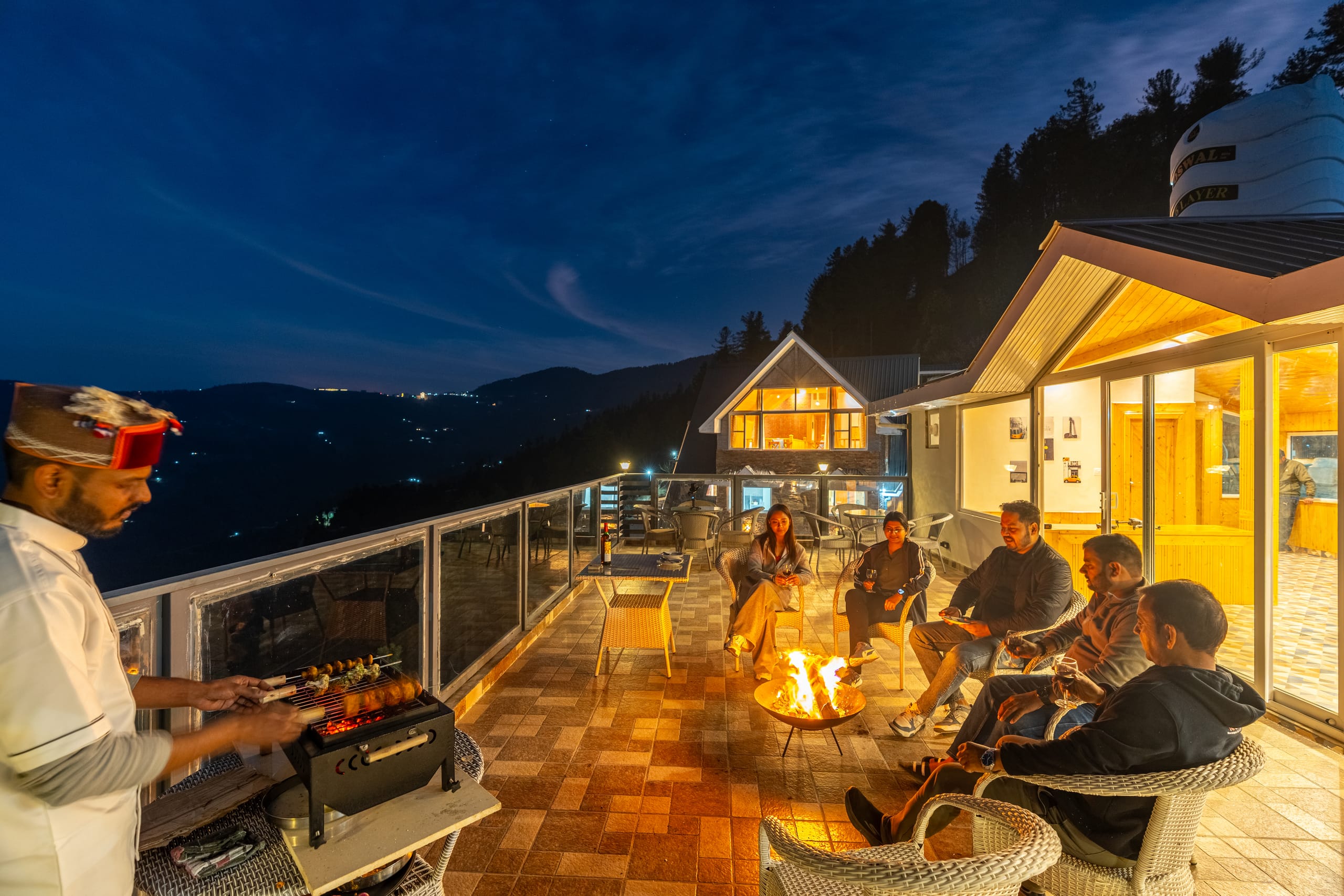 Mountain view through glass windows